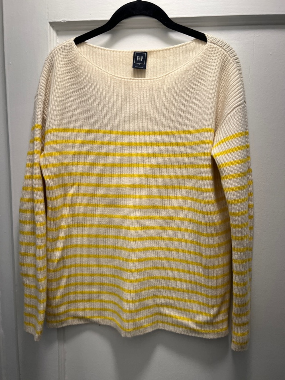 GAP boatneck sweater with yellow stripes- size medium